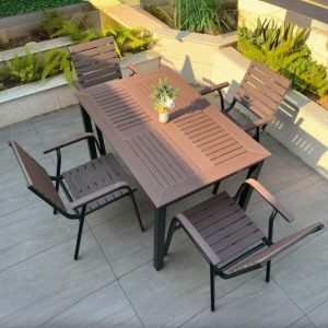 Rostbeständiges modernes Alloy Outdoor-Esszimmerset mit Kakaotisch und Stuhl, 5-teilig, 47,2"L x 31,5"B x 29,5"H, Tisch & 4 Stühle