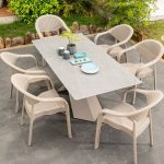 Holzmaserung Outdoor-Esstischgarnitur mit Polymer-Verbundsitz, feuerfest, 7-teiliges Set Tisch und Stühle, moderner Stil, Tisch & 6 Stühle, 71"L x 35"B x 28"H, Holz-Kunststoff-Verbund