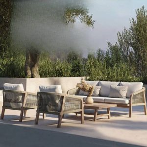 Holzfarbenes Sofa, UV-beständig für 3 Personen mit Kissen, trendiges Style-Kissen inbegriffen, 1 Stück, Aluminium, 3-Sitzer Sofa