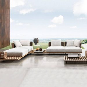 Lebendige orangefarbene Leinenstoff Outdoor-Sofagruppe mit 3 Tischen, 9-teiliges Set, 9-teiliges Set (4 Stühle & 2 Ecksofas & 3 Couchtische)