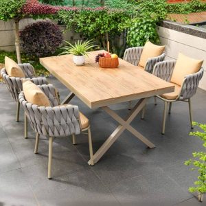Gepolstertes Outdoor-Esstischset in Holzoptik, sonnengeschützt 5-teilig mit Stuhl und Tisch, moderner Stil, 59,1"L x 35,4"B x 29,1"H, Tisch & 4 Stühle