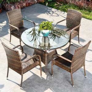Patio-Essset mit Sitz aus Rattan, Sepia-Tischplatte, sonnengeschützt, 5-teilig Stuhl und Tisch, Casual-Stil, 31,5"L x 31,5"B x 27,6"H, Tisch & 4 Stühle