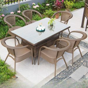 Klares modernes Outdoor-Esszimmer-Set aus Legierung mit wetterfestem Tisch und Stühlen, 7-teiliges Set, 59,1"L x 31,5"B x 28,7"H, Tisch & 6 Stühle