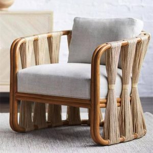 Zeitgenössisches 1-teiliges UV-resistentes Seilgeflecht-Sofa mit weißem Kissen und Metallrahmen für 1 Person, Kaffee