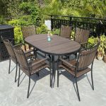 Outdoor-Esstischset mit konstruierten Holzsitzen, wetterfeste Pekannuss-Tischplatte, 5-teiliges modernes Set mit Stuhl und Tisch, Braun, 63"L x 35,5"B x 28,3"H, Tisch & 4 Stühle