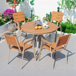 Terrassen-Essgruppe mit Holzoptik-Sitzfläche, braun, UV-beständig, 5-teilig minimalistisch, 22"L x 22"B x 34"H, Tisch & 4 Stühle