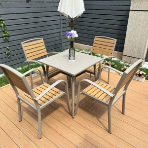 Haferflocken Outdoor-Esstischgarnitur mit Stahlrahmen, 5-teilig, wetterbeständiger Stuhl und Tisch, moderner Stil, 27.6"L x 27.6"B x 28.3"H, Tisch & 4 Stühle