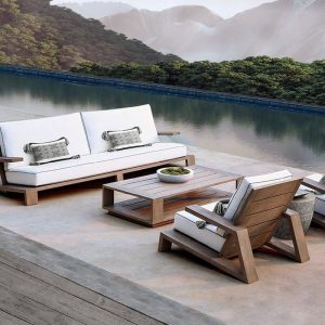 Moderner Outdoor-Couchtisch in Sepia mit Teak Tischplatte, 1 Tisch, UV-beständig, 1 Stück, Couchtisch