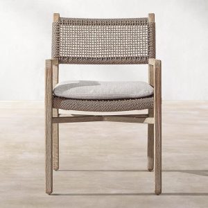 Moderner Elfenbein-Patio-Seitenstuhl, rostbeständig, natürliches Holz, 1 Stuhl, Kissen inklusive, 18"L x 24"B x 33"H
