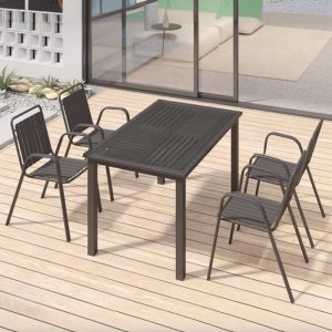 Rostbeständiges modernes Outdoor-Essset mit Holztischplatte, Tinte Tisch & Stuhl, 5-teilig, 47,2"L x 31,5"B x 29,5"H, Tisch & 4 Stühle