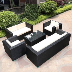 5-teiliges UV-beständiges Outdoor-Sectional-Gesprächsset mit 100% Baumwolle weißem Loveseat und durchsichtigem Glastisch, 5-teiliges Set (2 Stühle & Loveseat & 3-Sitzer Sofa & Couchtisch)