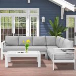 4-teiliges Set Weiße Stoff-Patio-Sofa-Sitzgruppe mit Taubengrauem Bezug und Holztisch, wasserabweisend, Weiß, 4-teiliges Set (2 Stühle & 1 3-Personen-Sofa & 1 Couchtisch)