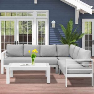4-teiliges Set Weiße Stoff-Patio-Sofa-Sitzgruppe mit Taubengrauem Bezug und Holztisch, wasserabweisend, Weiß, 4-teiliges Set (2 Stühle & 1 3-Personen-Sofa & 1 Couchtisch)