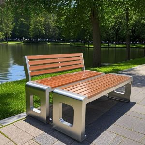 Moderne hellbraune Edelstahl-Picknickbank, 59"L x 16"B x 18"H, geschwungene Form