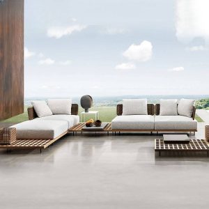 Leinenstoff 7-teilige Terrassen-Sofagruppe mit 3 Tischen, modulares Design und Ecksofa, 7-teiliges Set (2 Stühle & 2 Ecksofas & 3 Couchtische)