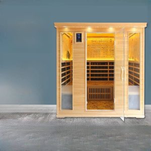 Gelbes Holz variable Temperatur Fernbedienung MP3-Player kompatible Sauna für 3 Personen mit Belüftung und Boden, 59"L x 43"B x 75"H