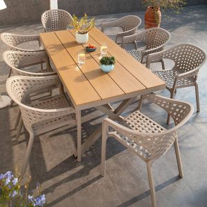 Patio-Esszimmerset in natürlicher Farbe mit rechteckigem Tisch und Stühlen aus Holzwerkstoff, 7-teiliges Set UV-blockierend, 59.1"L x 35.4"B x 29.5"H, Tisch & 6 Stühle