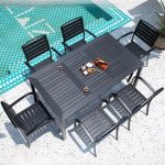 7-teiliges Patio-Essset mit Metallrahmen, rechteckigem Tintentisch und UV-beständiger Haltbarkeit, 63"L x 35.5"B x 29.1"H, Tisch & 6 Stühle