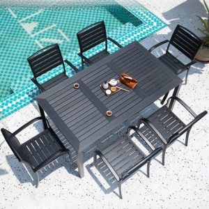 7-teiliges Patio-Essset mit Metallrahmen, rechteckigem Tintentisch und UV-beständiger Haltbarkeit, 63"L x 35.5"B x 29.1"H, Tisch & 6 Stühle