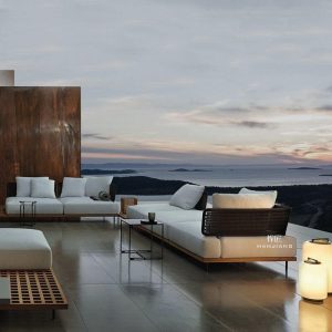 Orange Leinenstoff Modulare Terrassen-Sofagruppe mit Ecksofa, 3-teiliges Set (2 Sessel & 1 Couchtisch)
