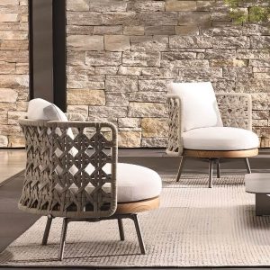Trendiges Naturholz-Sofa für 1, abnehmbarer Kissenbezug, natürlicher Rahmen, Kissen, UV-beständig, 1-Sitzer Sofa