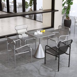 Minimalistischer Eisen-Patio-Esstisch mit wetterfestem Tintentisch und Stühlen, 5-teilig, Schwarz, 55,1"L x 27,6"B x 29,5"H, Tisch & 4 Stühle