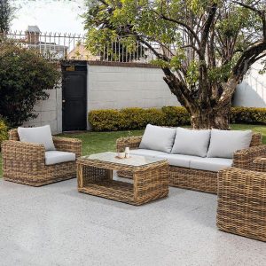 Modernes UV-beständiges metallisches Metallgerahmtes Rattangeflochtenes Sofa mit Kissen für 3 Sitzplätze, 1 Stück, 3-Sitzer Sofa