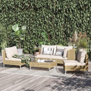 Einfaches, UV-beständiges, legierungsgerahmtes gelbes Sofa mit Kissen für 4 Personen, 1 Stück, 4-Sitzer Sofa