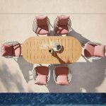 Minimalistisches hellbraunes Teaksofa für 3 Personen mit Kissen, UV-beständig und mit Polster, 3-Sitzer Sofa
