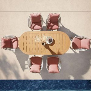 Minimalistisches hellbraunes Teaksofa für 3 Personen mit Kissen, UV-beständig und mit Polster, 3-Sitzer Sofa
