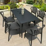 Outdoor-Esstischset, wetterbeständig, Sitzfläche aus Polymerverbund, 7-teiliges Set, rechteckige Tinte, Stuhl & Tisch, Weiß, 47"L x 28"B x 28"H, Tisch & 6 Stühle