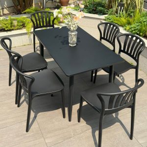 Outdoor-Esstischset, wetterbeständig, Sitzfläche aus Polymerverbund, 7-teiliges Set, rechteckige Tinte, Stuhl & Tisch, Weiß, 47"L x 28"B x 28"H, Tisch & 6 Stühle