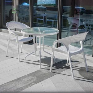 Rostbeständiges klares Outdoor-Essset mit rundem Vitreous-Tisch, 3-teiliges Set, Stuhl und Tisch, Schreibtisch mit 2 Stühlen
