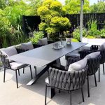 Stein-Patio-Esstisch in Hellgrau, UV-beständig, rechteckige Form, Art-Deco-Stil, 110,2"L x 39,4"B x 29,5"H, nur Tisch