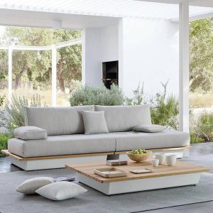 Weißes Holzgerahmtes Kreidestoff Patio-Sofasitzset mit Auburn-Tisch und Loveseat, 3-teiliges Set, 3-teiliges Set (2 Lovesets & Couchtisch)