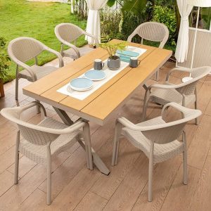 Modernes wetterfestes Karamell-Legierungs-Outdoor-Essset mit Stuhl und Tisch, 5-teilig, Braun, 59,1"L x 35,4"B x 29,5"H, Tisch & 4 Stühle