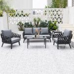 5-teiliges Outdoor-Sofa-Garnitur-Set mit grauem Leinenstoff, mitternachtschwarzem Legierungstisch, Sofa, UV-beständig, 5-teiliges Set (2 Stühle & 3-Sitzer Sofa & Couchtisch & Beistelltisch)