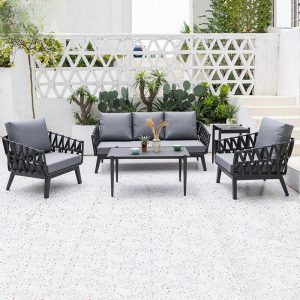 5-teiliges Outdoor-Sofa-Garnitur-Set mit grauem Leinenstoff, mitternachtschwarzem Legierungstisch, Sofa, UV-beständig, 5-teiliges Set (2 Stühle & 3-Sitzer Sofa & Couchtisch & Beistelltisch)