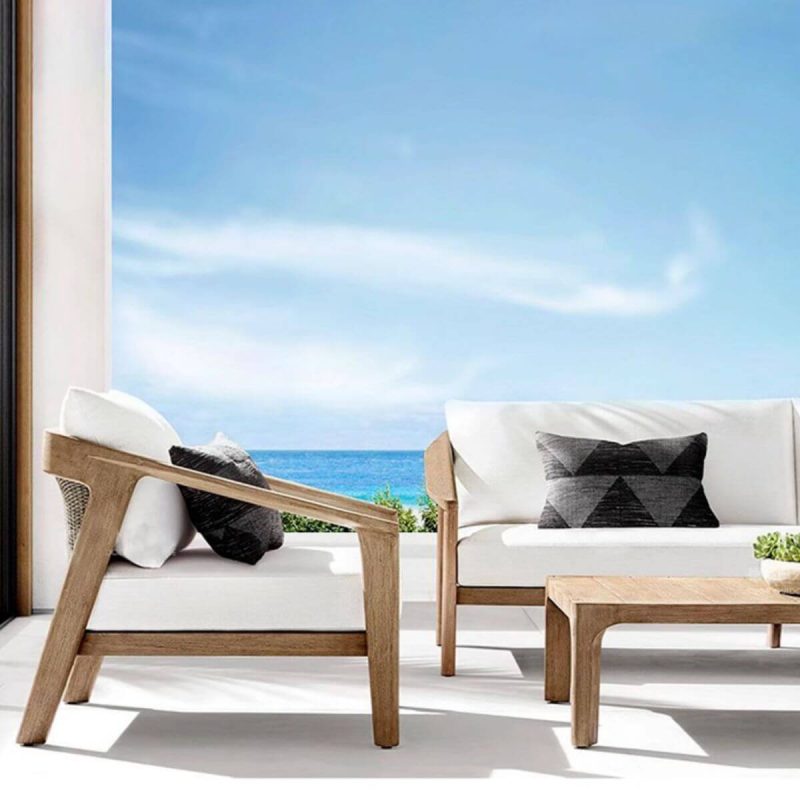 4-teiliges Garten-Sofa-Set mit Loveseat, Zitronenfarbe Kissen, weißer Synthetikfaser-Bezug und hellbraunem Teak-Tisch, 4-teiliges Set (2 Stühle & 1 Loveseat & 1 Couchtisch)