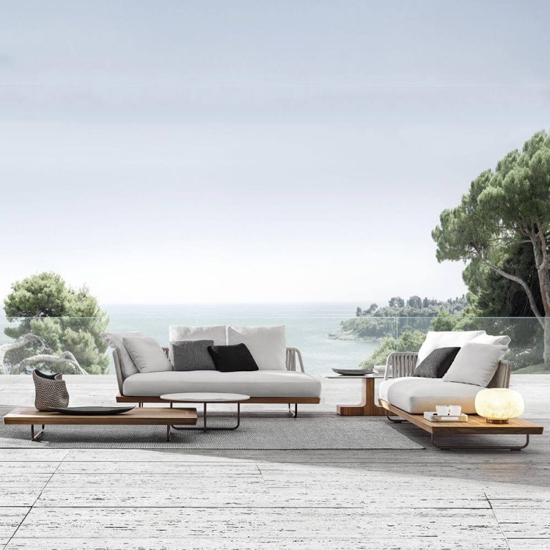 Orangefarbene Leinenstoff-Patio-Sofa-Sitzgruppe mit 3 Tischen und 5-teiligem Set, 5-teiliges Set (Ecksofa & Chaise Lounge & 3 Couchtische)