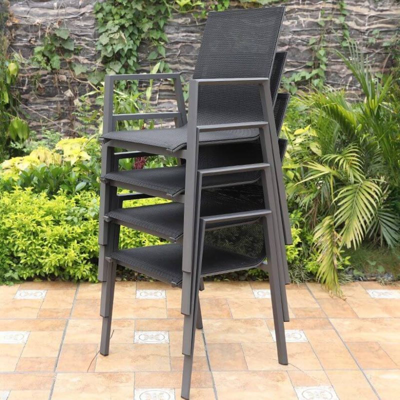 Dunkelgraues gesintertes Stein-Patio-Esstischset, feuerfest, 7-teilig rechteckig mit Stuhl und Tisch, Schwarz/Gold, Tisch & 6 Stühle
