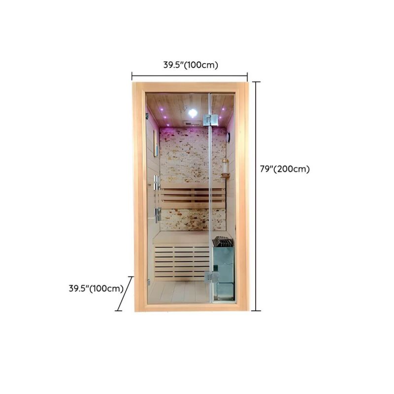 Dimension of Indoor/Outdoor Holz-Rechteck-Sauna mit LED-Beleuchtung und Bluetooth - Sicherheitsglas 39.4"L x 39.4"B x 78.7"H