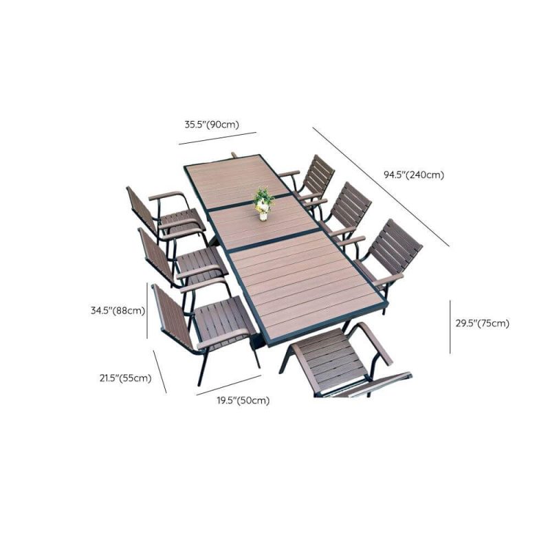 Dimension of Rostbeständiges modernes Alloy Outdoor-Esszimmerset mit Kakaotisch und Stuhl, 9-teiliges Set, 94,5"L x 35,4"B x 29,5"H, Tisch & 8 Stühle