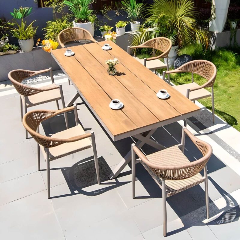 Khaki Modernes Outdoor-Esstischset mit wetterfestem Metallrahmen, 7-teiliges Set mit Stuhl & Tisch, 87"L x 35"B x 30"H, Tisch & 6 Stühle, Teak