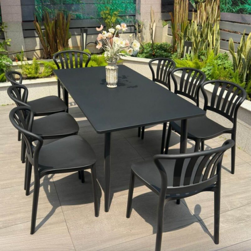 9-teiliges Outdoor-Esstischset, wetterbeständig, Sitzfläche aus Polymerverbund, rechteckige Tinte, Stuhl & Tisch, Schwarz, 59"L x 31,5"B x 28"H, Tisch & 8 Stühle