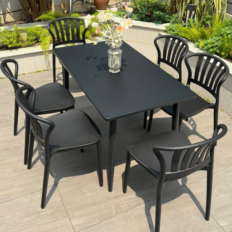 Outdoor-Esstischset, wetterbeständig, Sitzfläche aus Polymerverbund, 7-teiliges Set, rechteckige Tinte, Stuhl & Tisch, Weiß, 47"L x 28"B x 28"H, Tisch & 6 Stühle