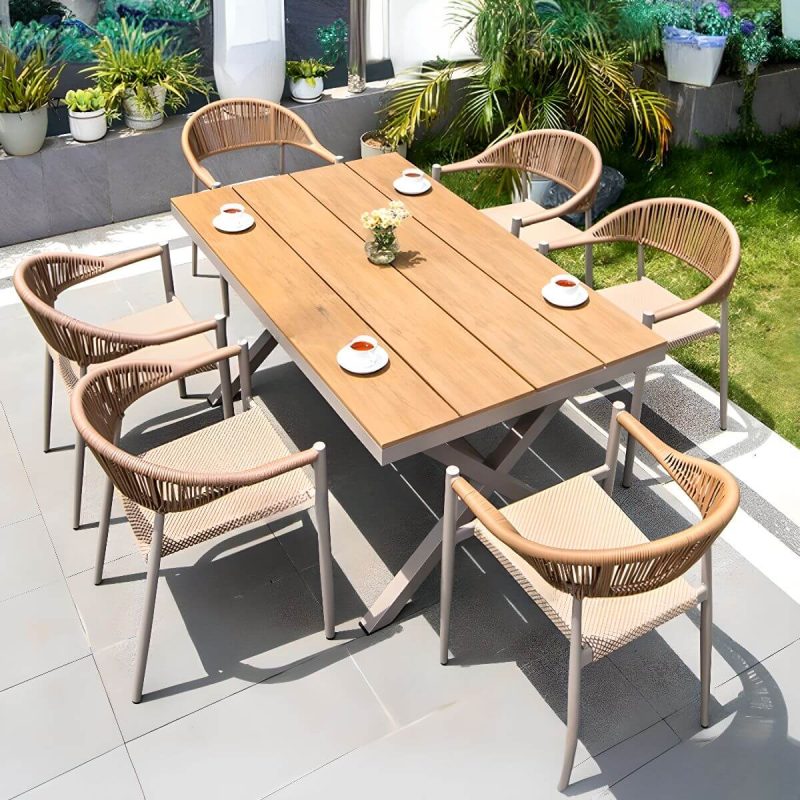 Khaki Modernes Outdoor-Esstischset mit wetterfestem Metallrahmen, 7-teiliges Set mit Stuhl & Tisch, 59.1"L x 35.4"B x 29.9"H, Tisch & 6 Stühle, Teak