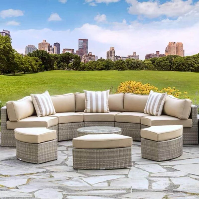 7-teilige Linen Fabric Patio Sofa Sitzgruppe mit klarem Tisch, 9-teiliges Set (8 Stühle & Couchtisch)