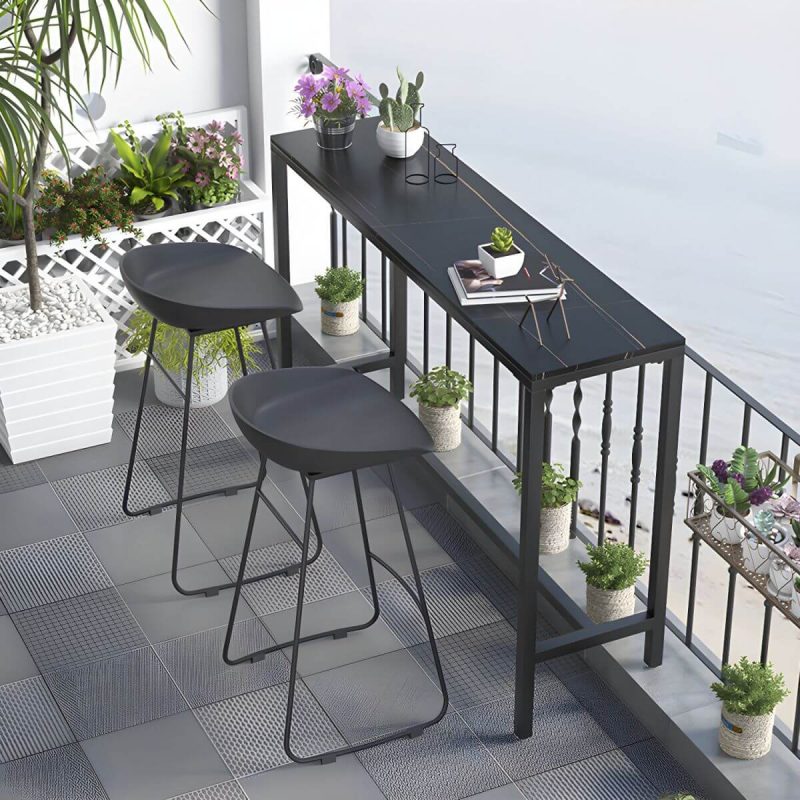 Moderner rechteckiger Metall-Patio-Bartisch mit Steintischplatte und Schirmloch - 55.1"L x 15.7"B x 41.3"H Nur Tisch Weiß