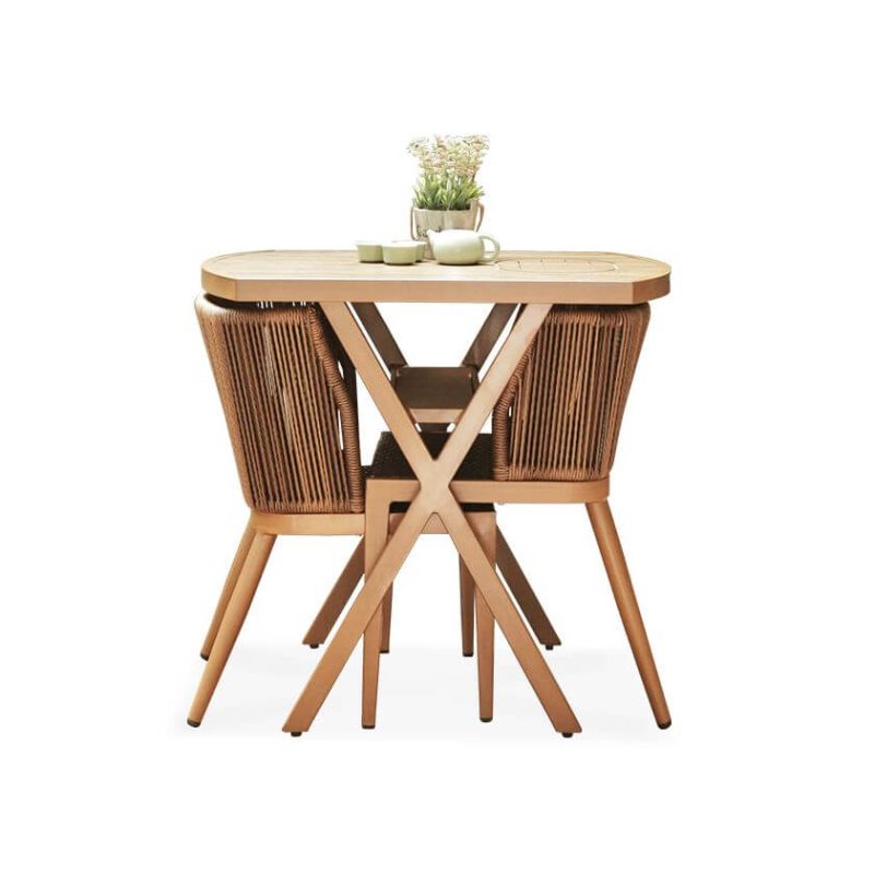 Modernes, wetterfestes Outdoor-Bistro-Set aus Legierung mit Holzmaserung, 3-teiliges Set mit Stuhl und Tisch, hellbraun, Schreibtisch mit 2 Stühlen